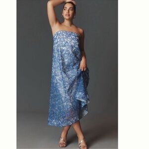Anthropologie blue white Strapless Embroidered Lace Midi Dress size Small